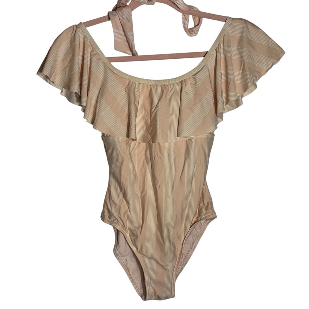 Splendid Off The Shoulder Pink One Piece Stripped Pink Swimsuit, Small